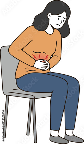 Woman sitting on a chair, holding her stomach with pained expression.