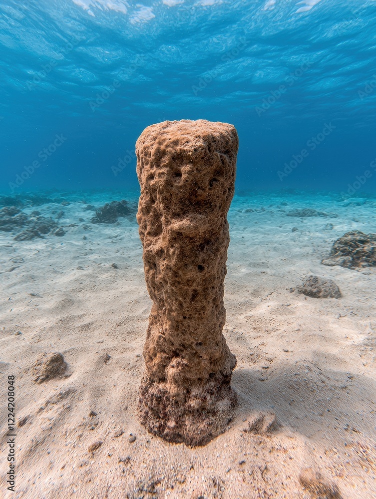 Underwater coral reef scene with a tall, light brown sponge in the foreground Underwater coral reef scene with a tall, light brown sponge in the foreground