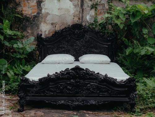 Ornate black bed frame in lush garden setting photo