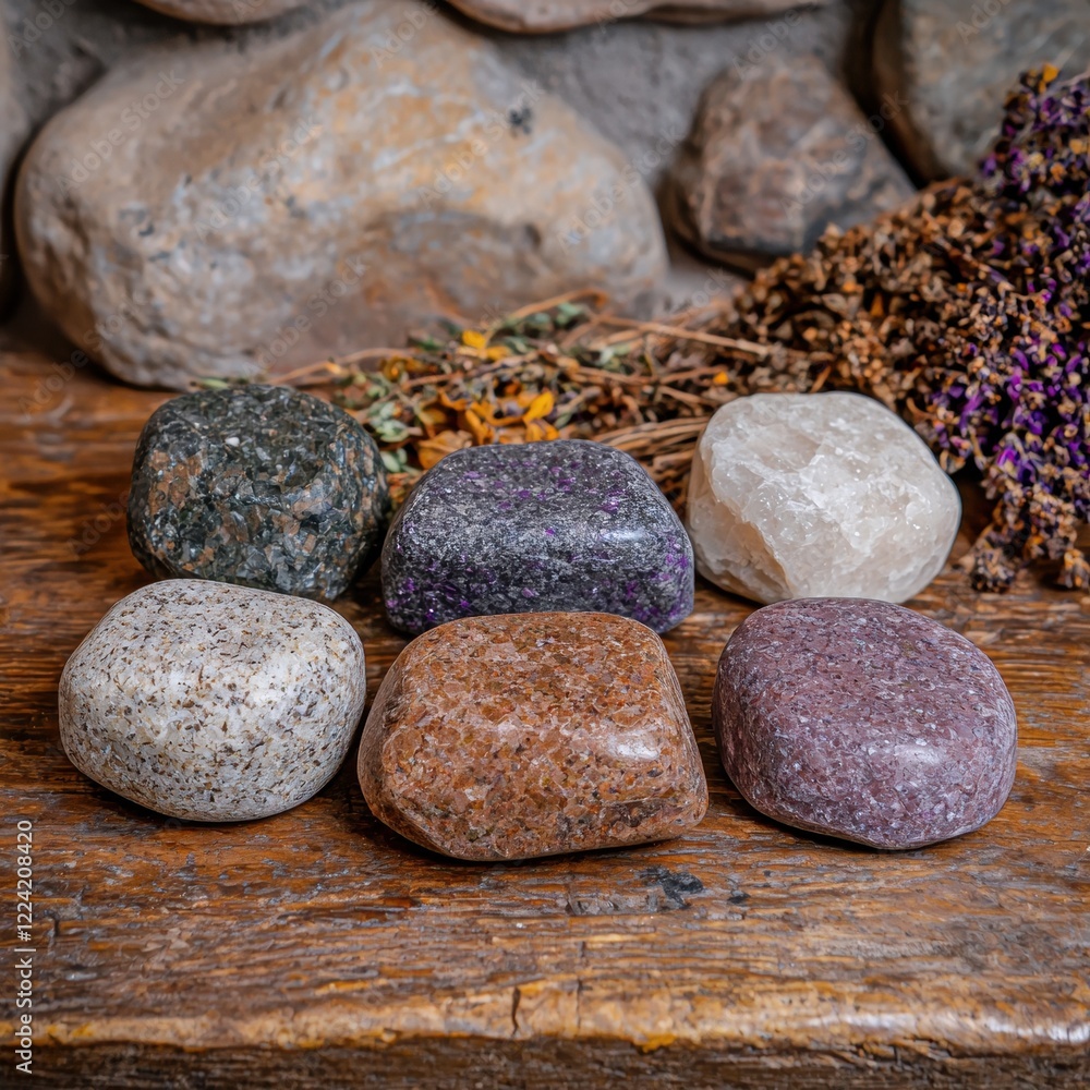 Fototapeta premium Collection of tumbled stones on wooden surface