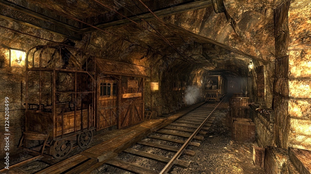 Rusty mine cart in dark tunnel, steam ahead, stone walls Rusty mine cart in dark tunnel, steam ahead, stone walls
