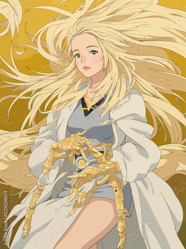 an anime style a beautiful patrician russian woman who is dressed as a solo from shadowrun, with long blonde, almost white hair, wearing a mink coat