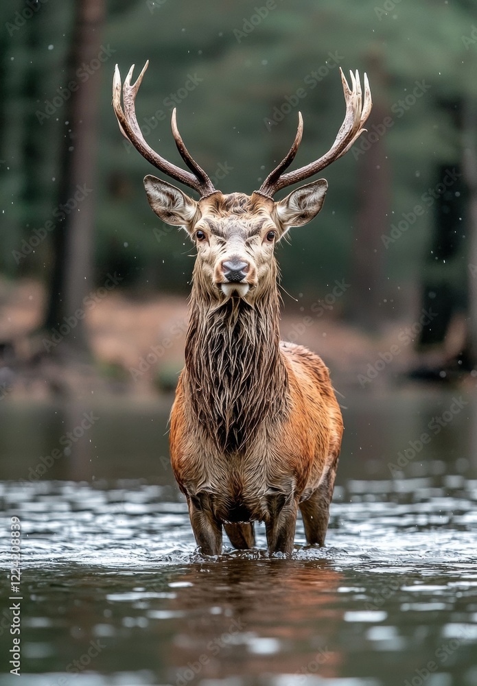 Fototapeta premium Majestic red deer stag wading through shallow water