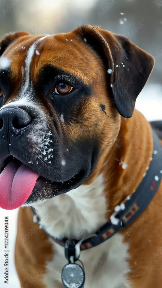 Playful dog frolics in snowy landscape with falling snowflakes Playful dog frolics in snowy landscape with falling snowflakes