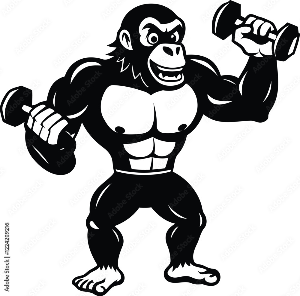 Fototapeta premium Strong angry cartoon Chimpanzee weightlifting vector illustration, Strong angry Style cartoon Chimpanzee silhouette, Strong angry cartoon Chimpanzee line art vector
