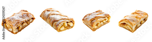 Four golden brown apple strudels are presented in a visually appealing display showcasing the pastry's texture and apple filling. photo