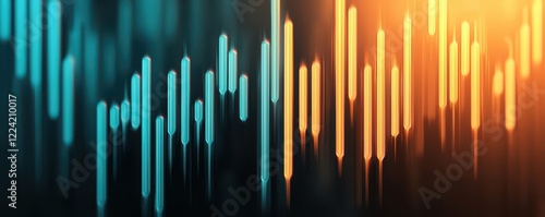 A vibrant digital audio waveform with vertical lines in blue, orange, and yellow, representing sound frequencies and energy.