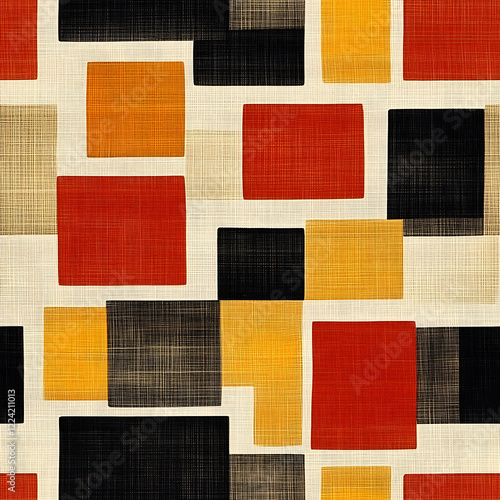 Geometric Abstract Textile Pattern  Red  Orange  Black  Beige Squares