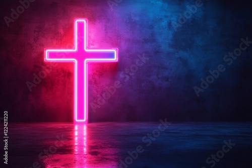 pink neon cross on dark background with copy space