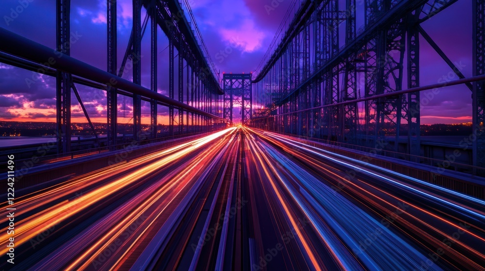 Fototapeta premium Bridge, Sunset, Traffic, Speed, Lights, Cityscape, Movement, Night, Urban, Travel
