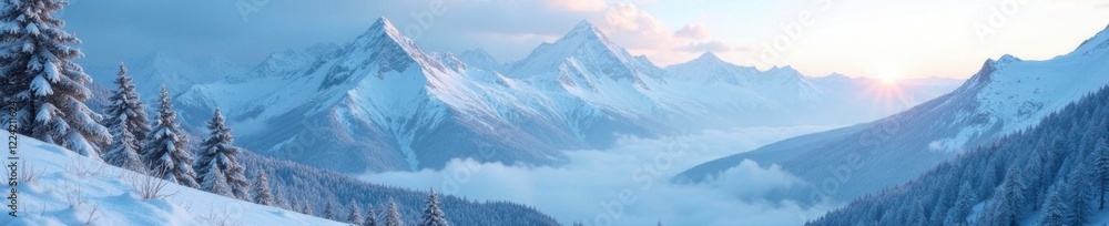 Fototapeta premium Softly falling snowflakes veil the mountain in a serene hush, landscape, peaceful