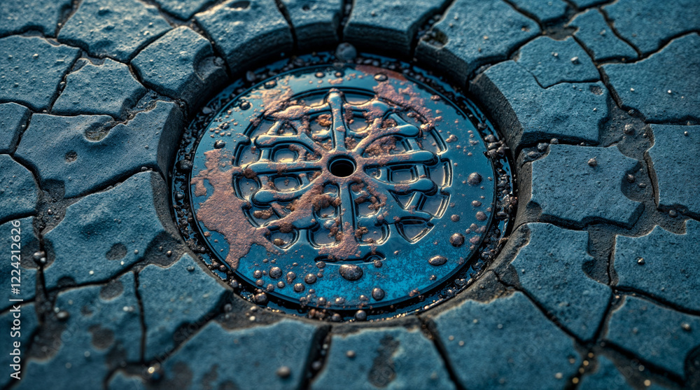 Close-up of a rusty manhole cover leaking toxic waste onto a cracked pavement, highlighting environmental pollution and urban decay Close-up of a rusty manhole cover leaking toxic waste onto a cracked pavement, highlighting environmental pollution and urban decay
