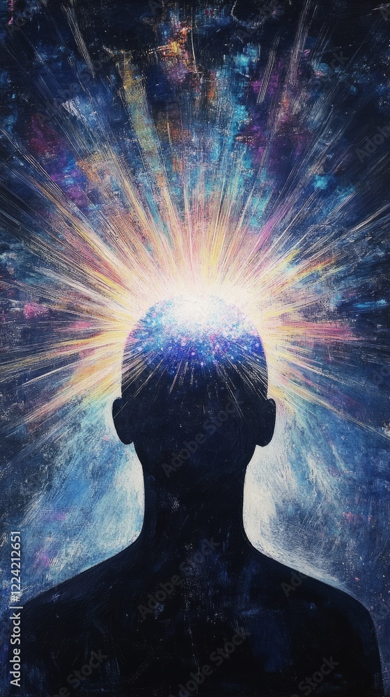 Fototapeta premium Silhouette of a Person with Radiant Cosmic Energy Emanating from the Mind