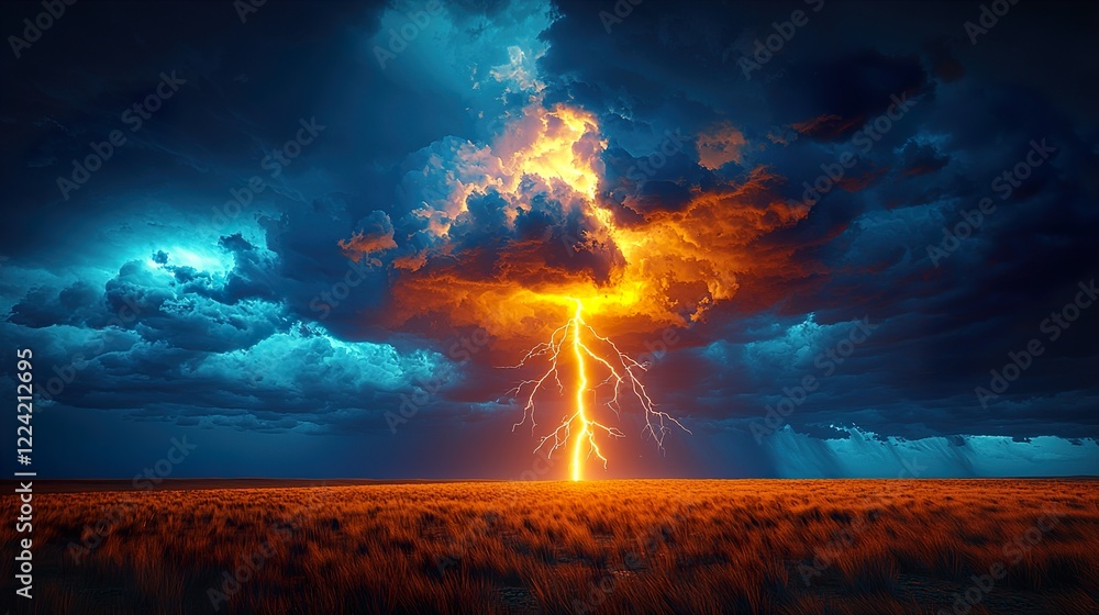 Fototapeta premium Dramatic lightning strikes illuminate dark storm clouds over open field, showcasing powerful natural phenomena 