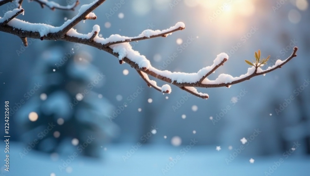 Softly falling white snowflakes in a bare tree branch, frozen landscape, snow Softly falling white snowflakes in a bare tree branch, frozen landscape, snow