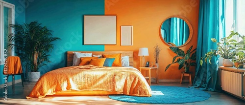Wallpaper Mural Vibrant Teal and Orange Bedroom Interior Design with Plants and Sunlight Torontodigital.ca