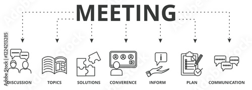 Meeting banner icon vector illustration wiith icon of discussion, topics, solutions,  video conference, inform plan  and communication