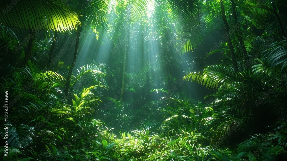 Sunbeams in lush tropical rainforest, jungle background, nature scene, ideal for travel brochures Sunbeams in lush tropical rainforest, jungle background, nature scene, ideal for travel brochures