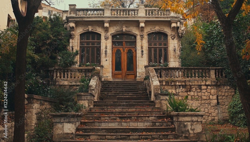 delightful architectural composition featuring elegant windows and doors, nestled among ancient stone walls, with urban trees adding a touch of nature delightful architectural composition featuring elegant windows and doors, nestled among ancient stone walls, with urban trees adding a touch of nature