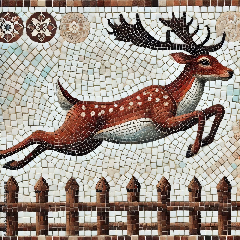 Deer s Leap A graceful mosaic of a deer leaping over a fence wit Deer s Leap A graceful mosaic of a deer leaping over a fence wit