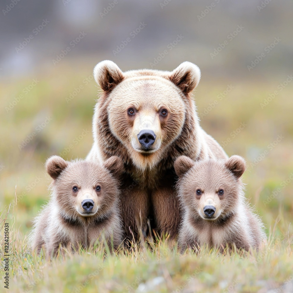 Obraz premium Grizzly bear mother with cubs in wild meadow