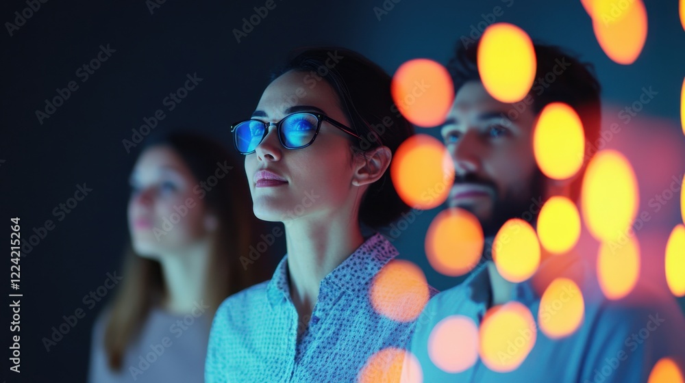 A group of three people gazes thoughtfully at colorful lights in a dark environment, highlighting their expressions of wonder and engagement. A group of three people gazes thoughtfully at colorful lights in a dark environment, highlighting their expressions of wonder and engagement.