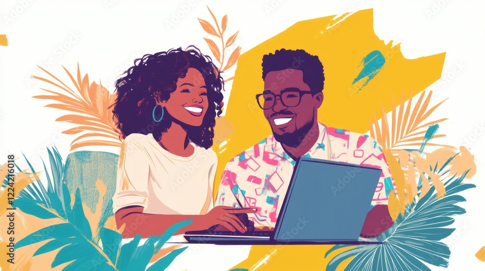 Happy Diverse Couple Collaborating on Laptop in Tropical Setting Happy Diverse Couple Collaborating on Laptop in Tropical Setting