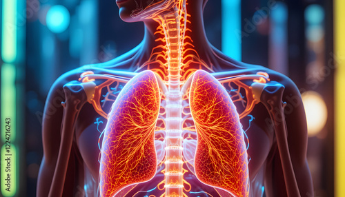 Glowing human lungs and spine anatomy.