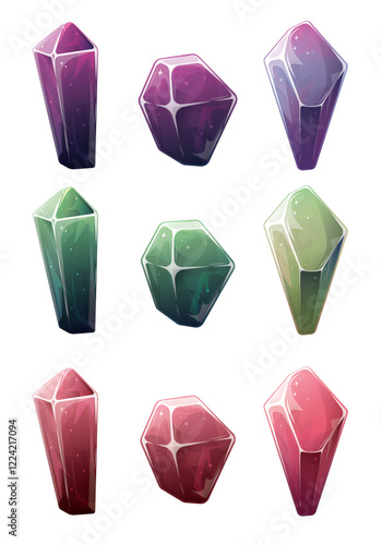Purple, green and red crystals isolated on white. Magic love, Valentine's day, gemstones, jewelry concept. Vector illustrations.