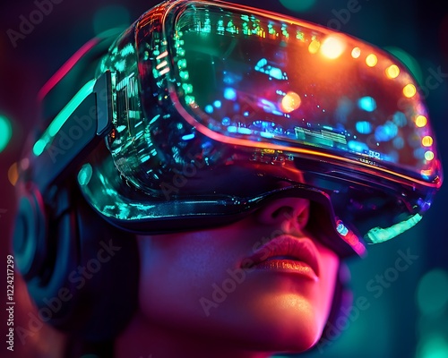 A close-up of VR goggles with intricate futuristic details, as the wearer tilts their head upward, illuminated by soft green and blue neon lighting
