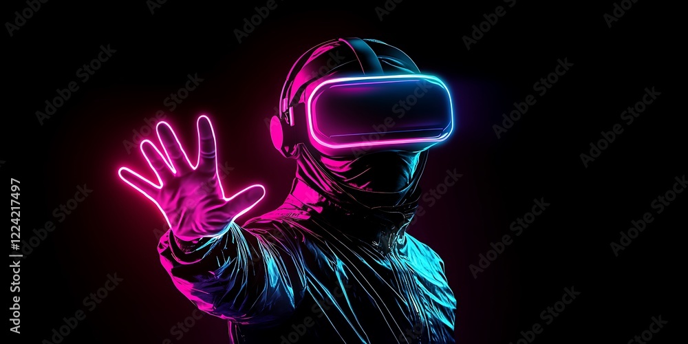A person wearing a VR headset with glowing neon accents, reaching out towards the camera, set against a gradient black and pink background A person wearing a VR headset with glowing neon accents, reaching out towards the camera, set against a gradient black and pink background