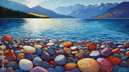 Fototapeta Naklejka Na Ścianę i Meble -  Colorful pebbles beach, mountain lake sunrise, scenic art print