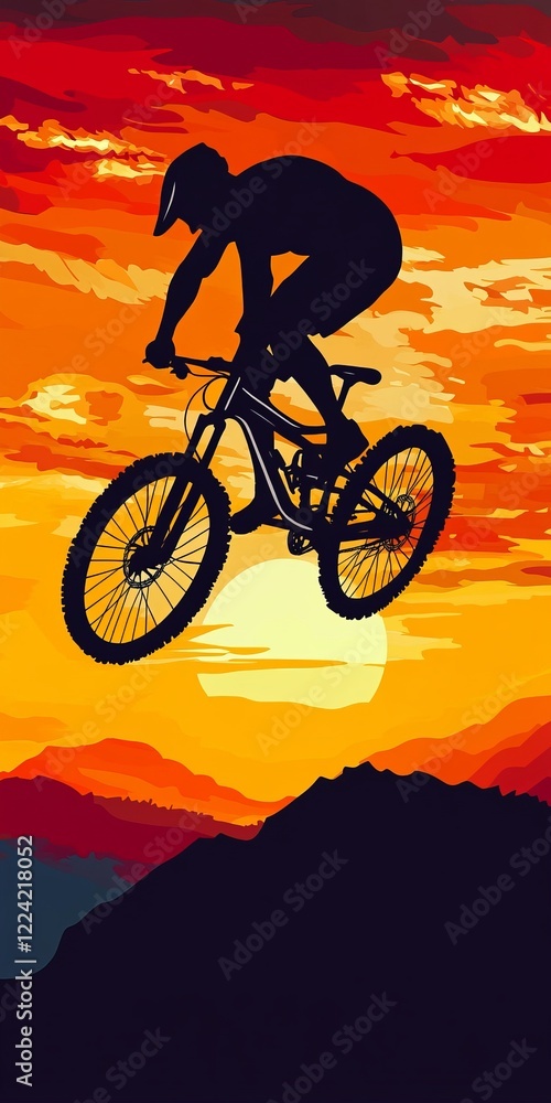 Obraz premium A man is riding a bike in the air with the sun setting in the background