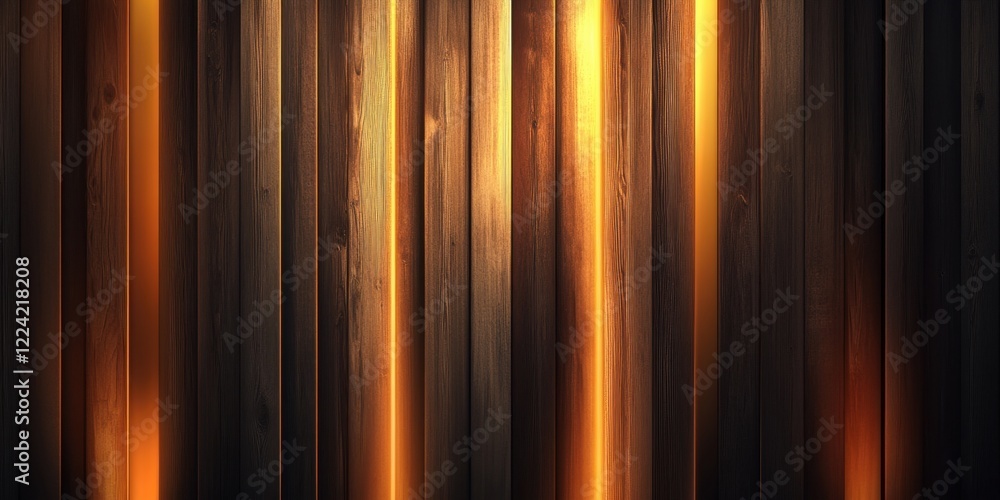 Naklejka premium Illuminated Wooden Planks Background Texture Glowing Warmth Dark Brown Vertical Lines Abstract Design
