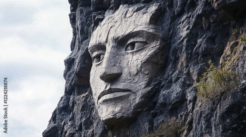 Obraz premium Monumental Stone Face Carved into Rocky Cliffside Landscape