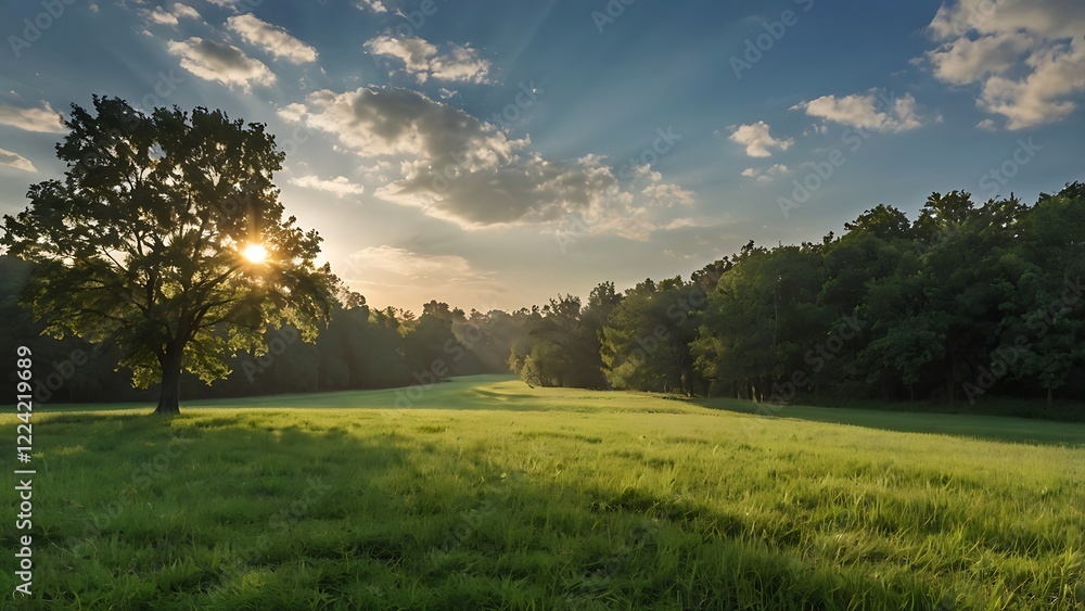 Fototapeta premium Landscape photograph capturing a serene, expansive meadow under a clear blue sky features a wide field of lush, green grass in the foreground, gently swaying in the breeze