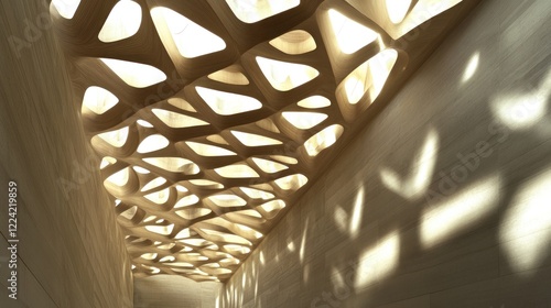 Intricate wood ceiling, light patterns, modern hallway, interior design