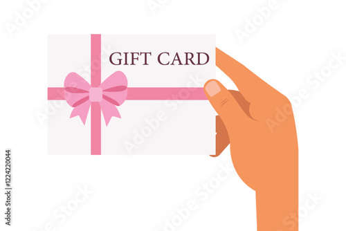 Illustration of a hand holding a gift card with a pink ribbon. Perfect for shopping, rewards, vouchers, e-gifts, promotions, discounts, loyalty programs, and festive gifting concepts.