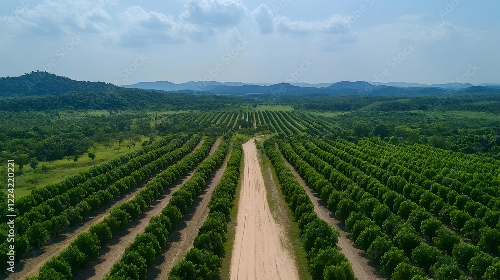 Aerial view of orchard rows, dirt road leading to distant hills, sunny day, agricultural landscape, ideal for travel brochures Aerial view of orchard rows, dirt road leading to distant hills, sunny day, agricultural landscape, ideal for travel brochures