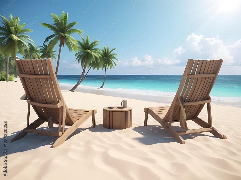 3d rendering. Beautiful beach. Chairs on the sandy beach near the sea. Summer holiday and vacation concept for tourism. Inspirational tropical landscape. Tranquil scenery 3d rendering. Beautiful beach. Chairs on the sandy beach near the sea. Summer holiday and vacation concept for tourism. Inspirational tropical landscape. Tranquil scenery