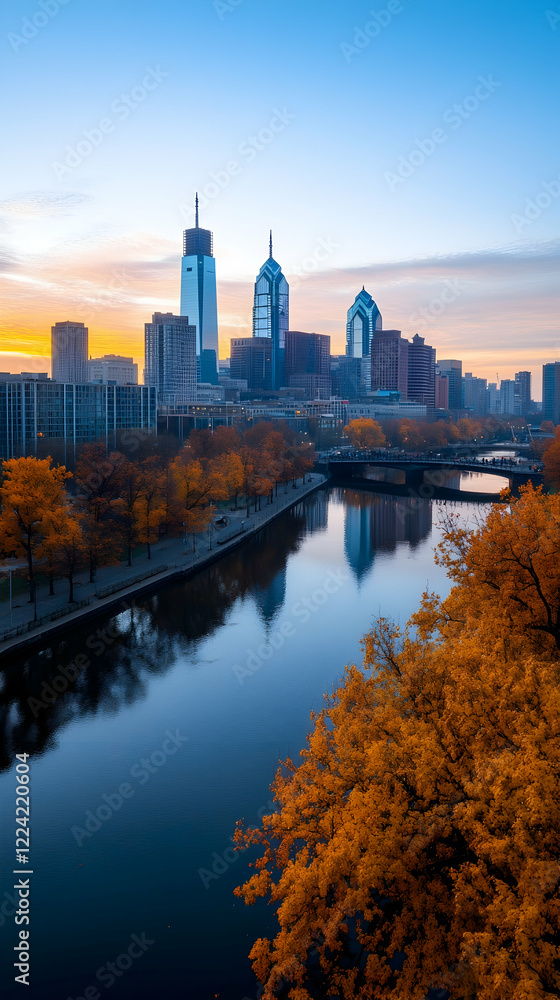 Fototapeta premium Autumn sunrise over city skyline reflected in calm river; ideal for travel brochures
