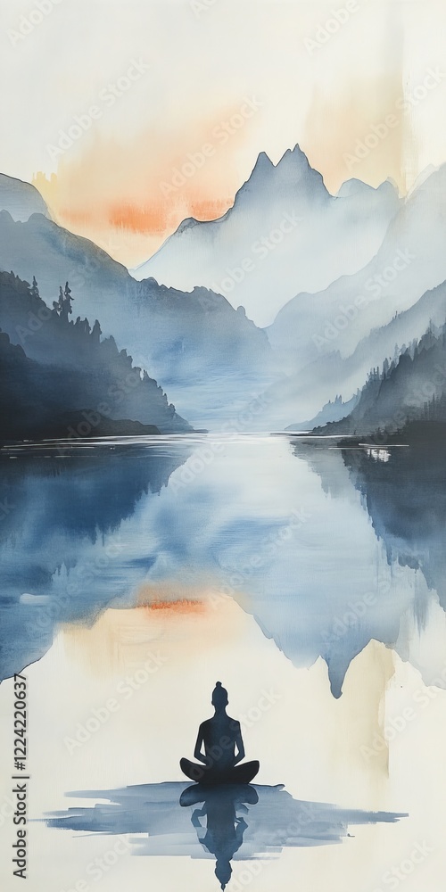 Serene Meditation by Mountain Lake at Sunrise with Reflective Water and Misty Peaks Serene Meditation by Mountain Lake at Sunrise with Reflective Water and Misty Peaks