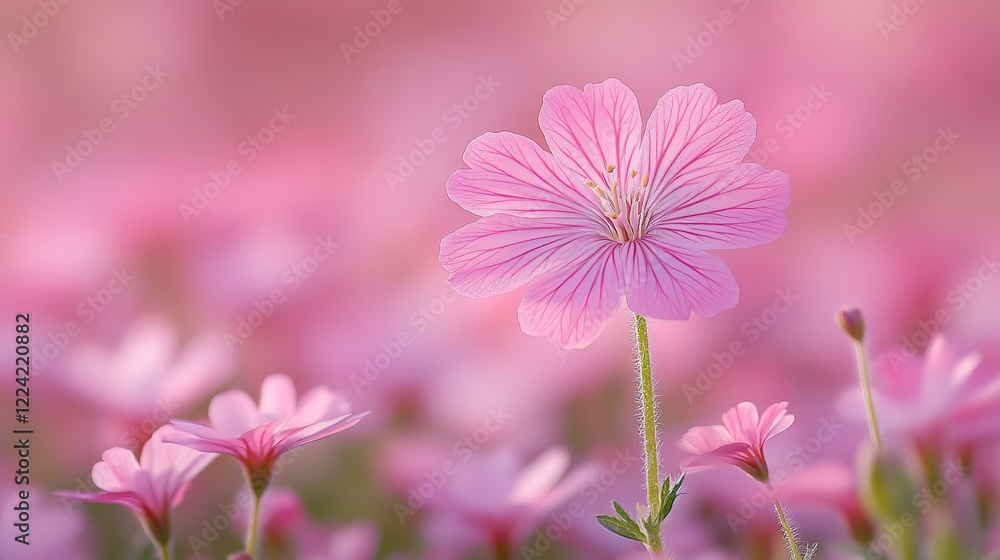 dreamy springtime pink flower field background,soft sunlight peaceful flower field