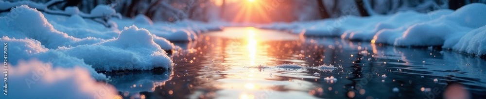 Obraz premium Softly falls snowflakes on frozen river surface, dawn, frost, winter