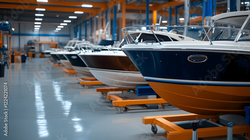 Boat manufacturing factory floor; new motorboats on display;  industrial background; potential use  marketing