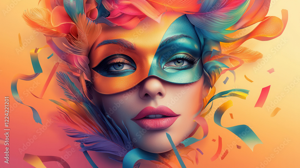 Obraz premium Colorful mask, vibrant feathers, artistic face, celebration, carnival, abstract design, joyful expression, festive atmosphere, creative makeup
