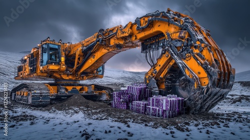 the huge arm of a new yellow excavator extends spectacularly against a dark sky. Industrial power captured in a moment of dynamic action on a snowy construction site. photo