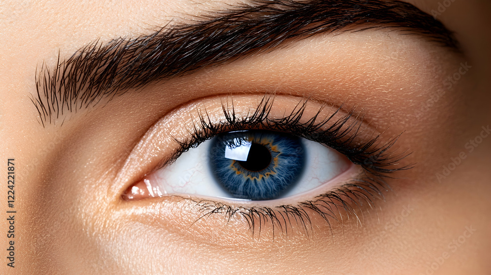 Obraz premium Close-up blue eye, woman's face, eyebrow, eyelashes, beauty, cosmetics advertising