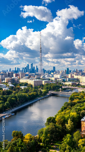 Cityscape view of Moscow River, Ostankino Tower, and skyline under a partly cloudy sky. Ideal for travel brochures or city guides photo