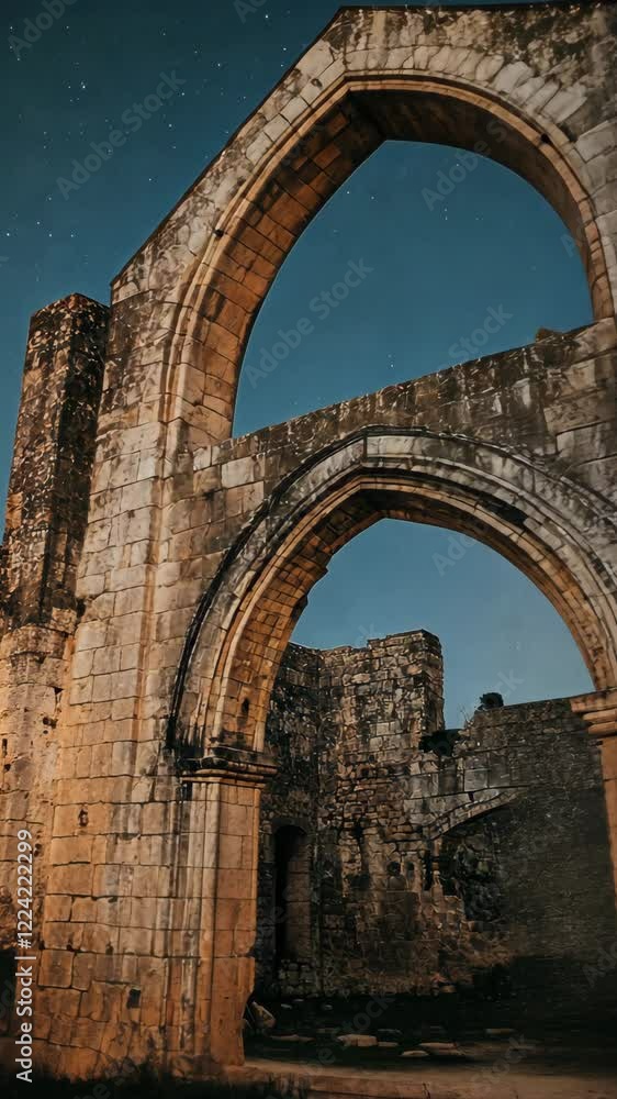 Historic stone ruins illuminated under a starry sky at night in a serene landscape setting Historic stone ruins illuminated under a starry sky at night in a serene landscape setting